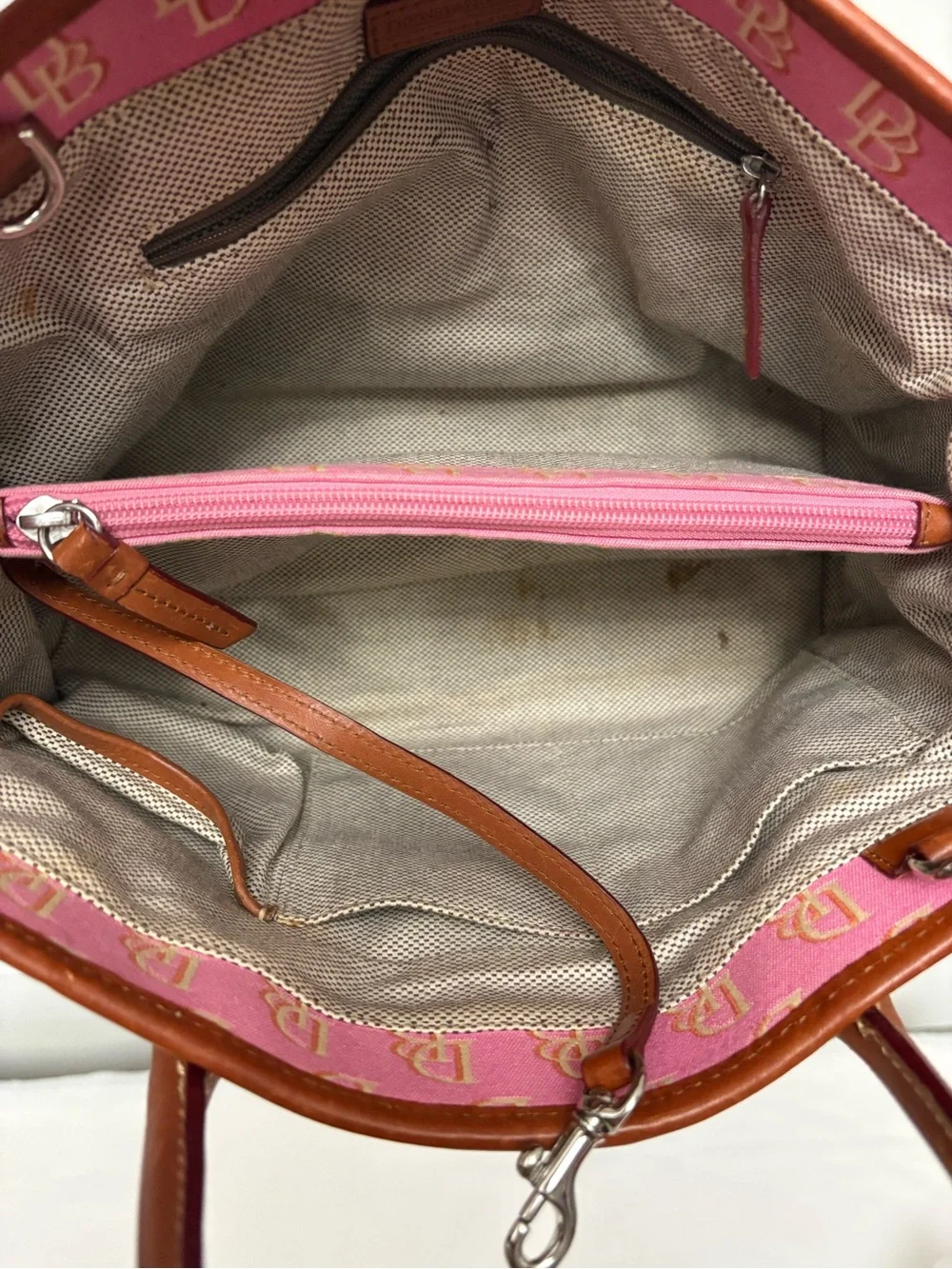 Dooney & Bourke Pink Logo Satchel with Brown Leather Trim